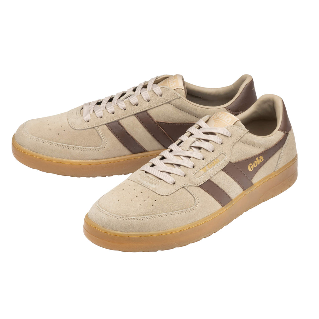Pair of Gola trainers in beige suede with brown stripes and gum sole