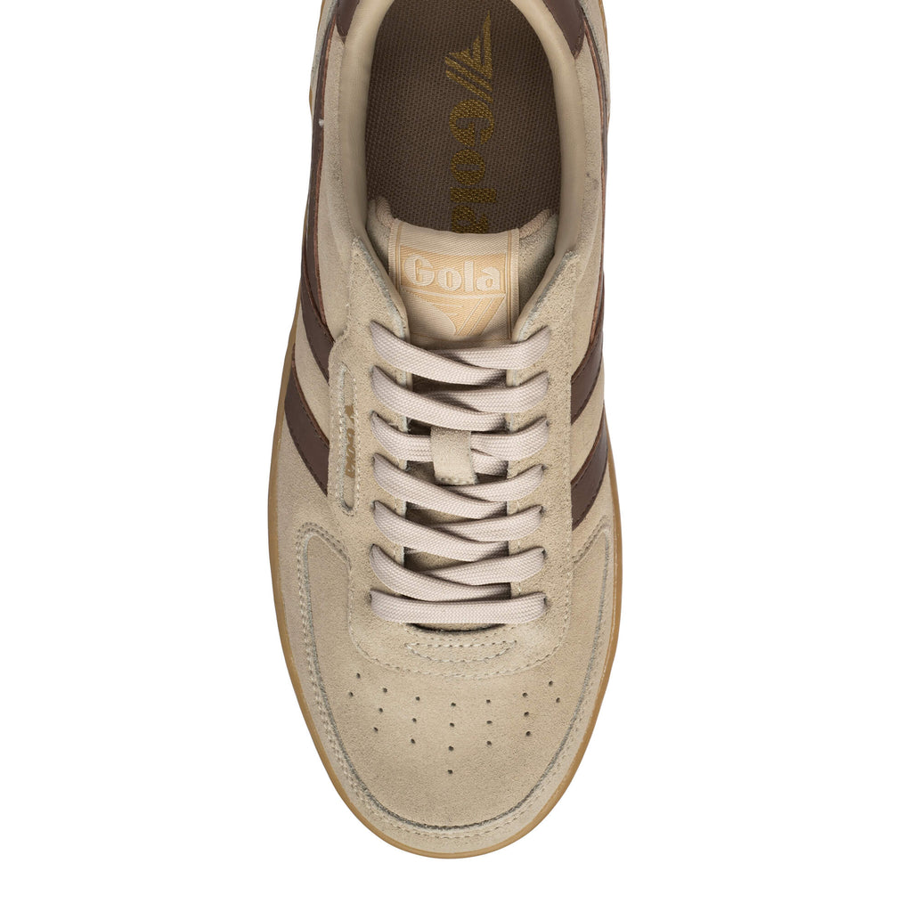 Top-down view of a Gola trainer in beige suede with brown stripes and laces