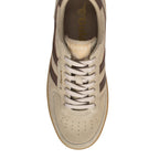 Top-down view of a Gola trainer in beige suede with brown stripes and laces