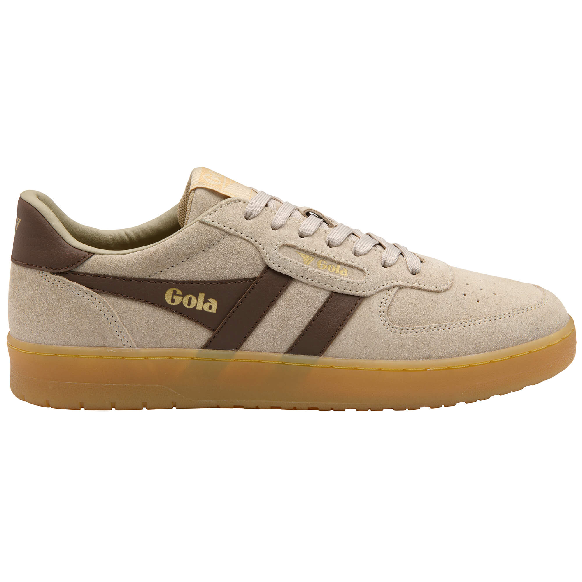 Gola men's trainer in beige suede with brown stripes and a gum sole