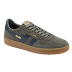 Gola men's trainer in grey suede with navy blue trim and a brown sole