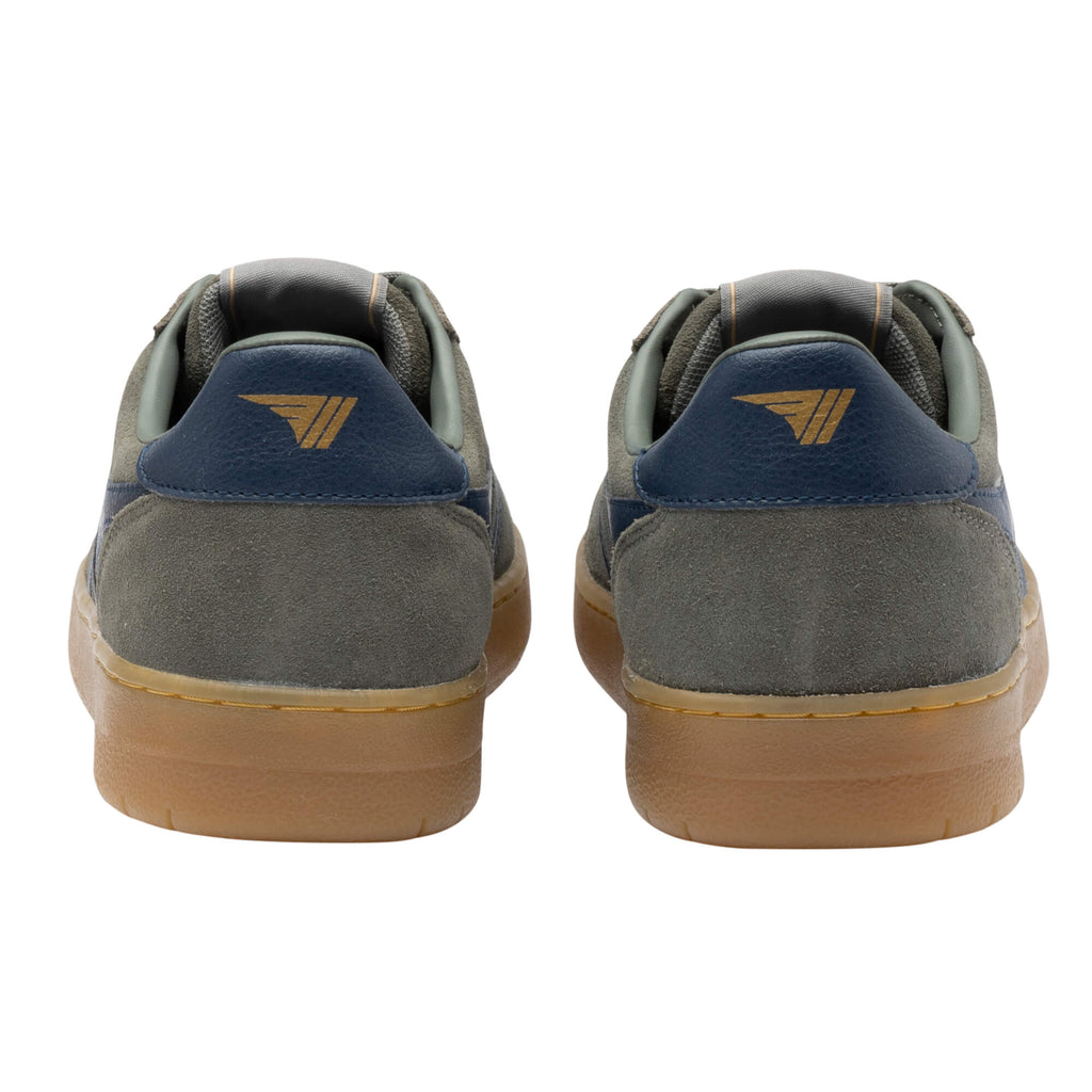 Rear view of two khaki green trainers with navy blue heel tabs and a gold logo