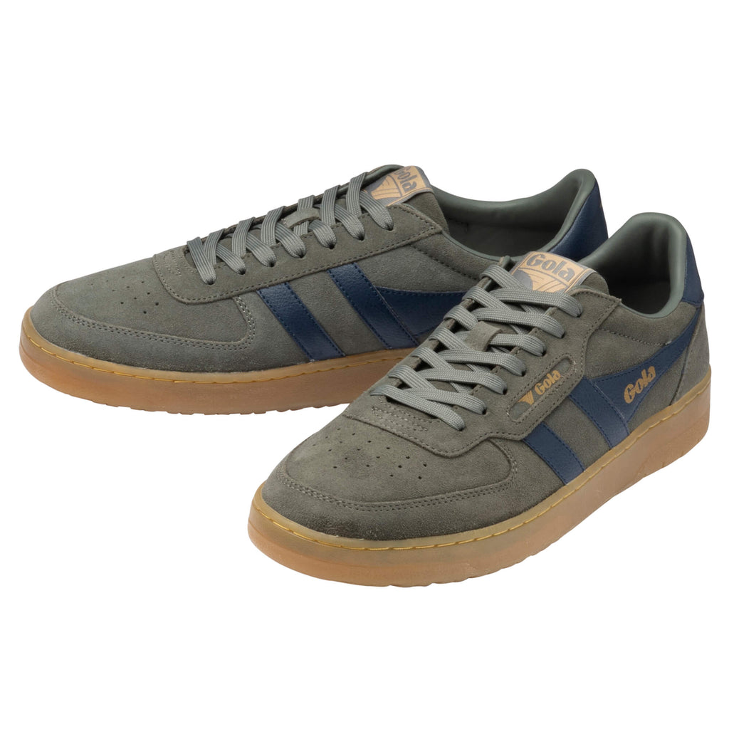 Pair of Gola trainers in grey suede with navy blue stripes and brown rubber soles