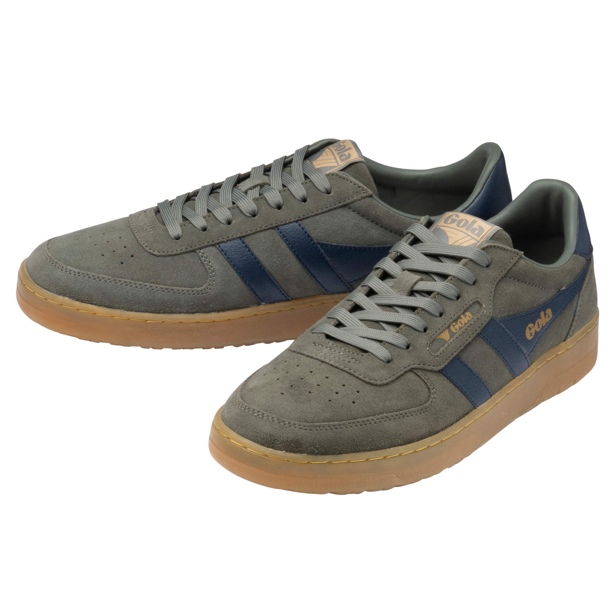 Pair of Gola trainers in grey suede with navy blue stripes and brown rubber soles