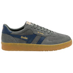 Gola men's low-top trainers in grey suede with blue stripes and gum sole