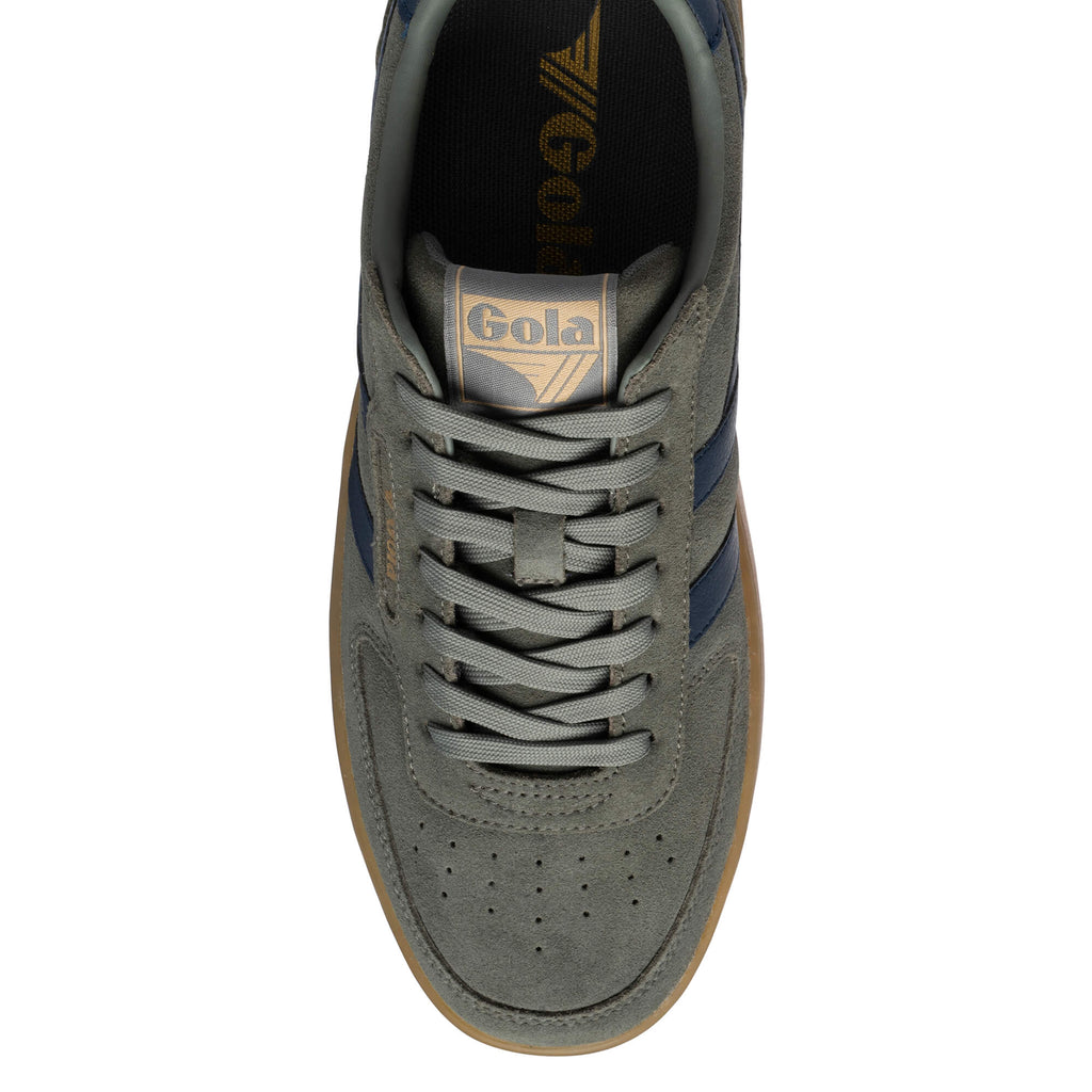Top-down view of a Gola trainer in grey suede with navy stripes and a gum sole