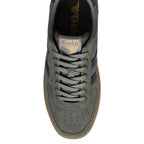 Top-down view of a Gola trainer in grey suede with navy stripes and a gum sole
