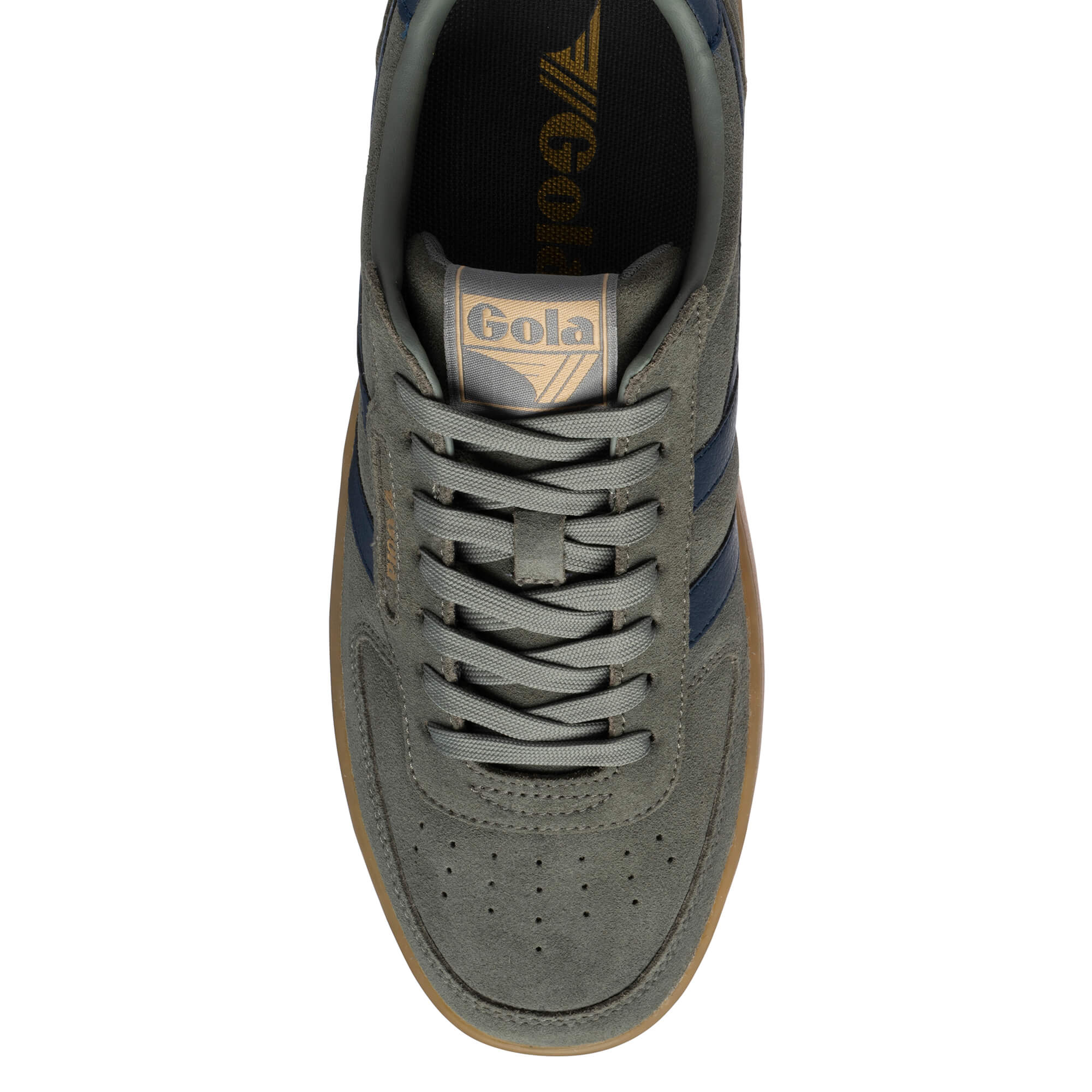 Top-down view of a Gola trainer in grey suede with navy stripes and a gum sole