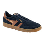 Navy blue Gola trainers with tan stripes and gum sole