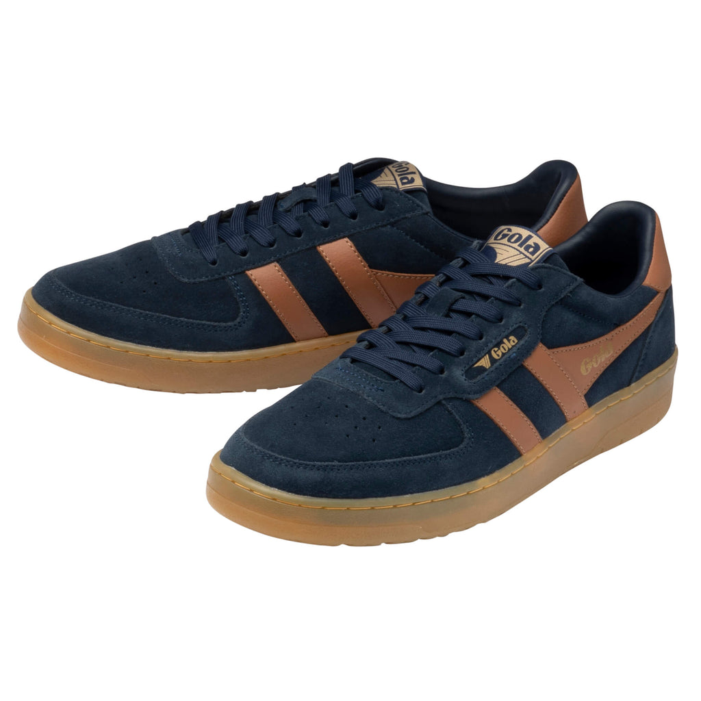Pair of Gola trainers in navy suede with tan stripes and gum sole