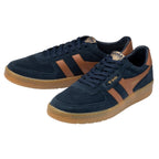 Pair of Gola trainers in navy suede with tan stripes and gum sole