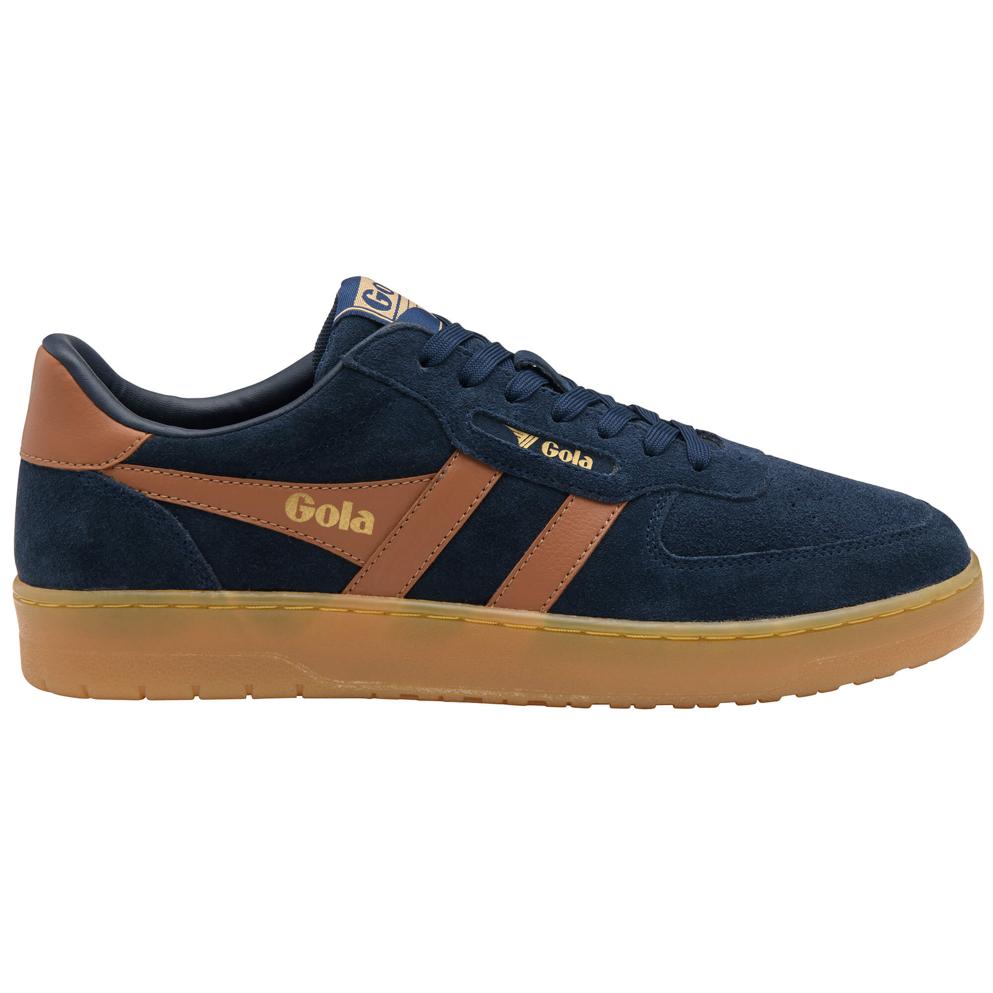 Gola men's low-top trainers in navy suede with tan stripes and gum sole