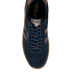Navy Gola trainer with brown stripes and gum sole