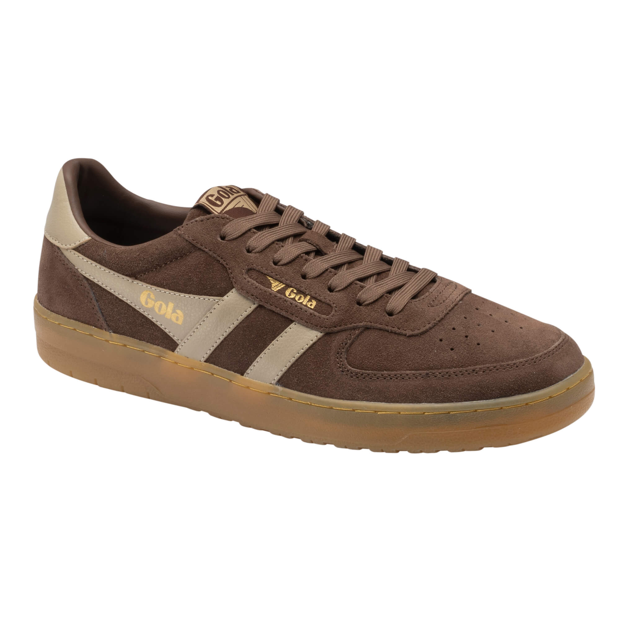 Gola men's low-top trainers in brown suede with beige stripes and gum sole