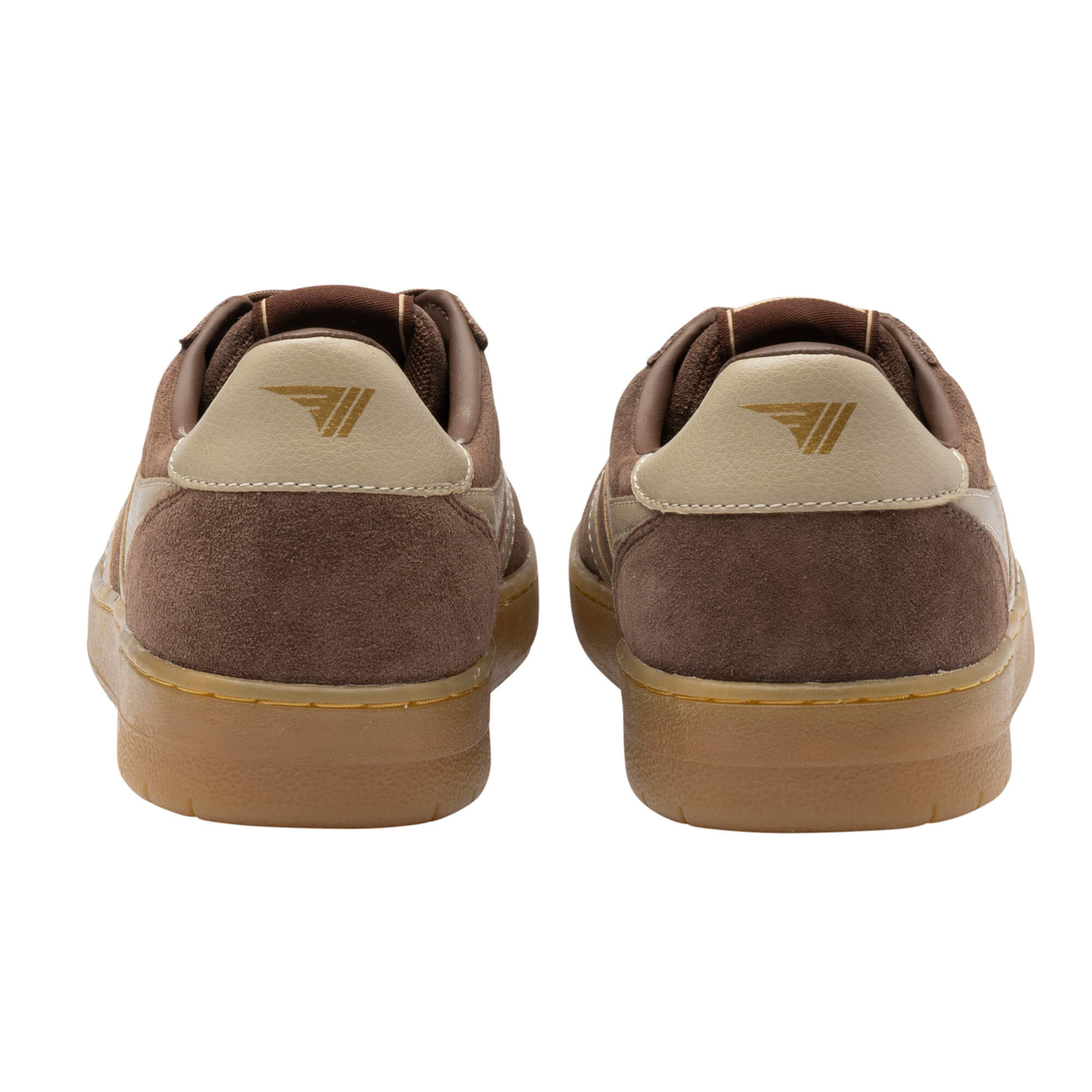 Pair of brown suede trainers with beige heel tabs and gum soles, rear view