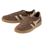 Pair of Gola low-top trainers in brown suede with beige stripes and gum soles
