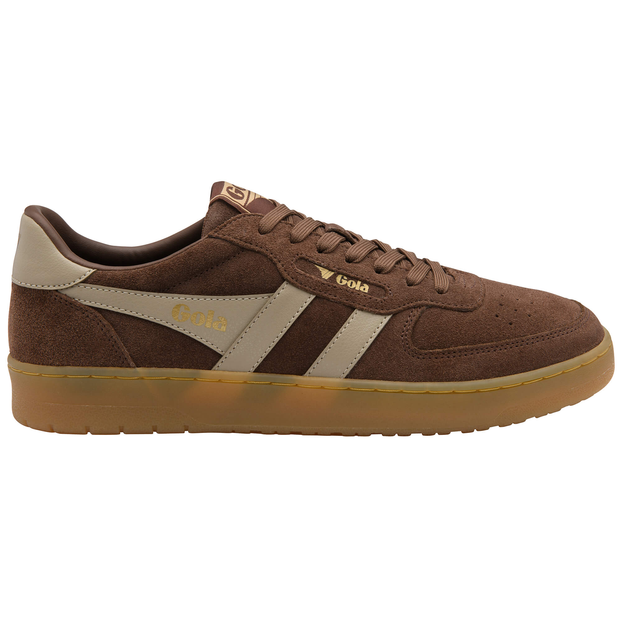 Gola men's low-top trainers in brown suede with beige stripes and gum sole