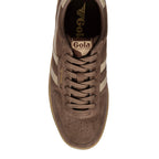 Brown Gola trainer with beige stripes and laces
