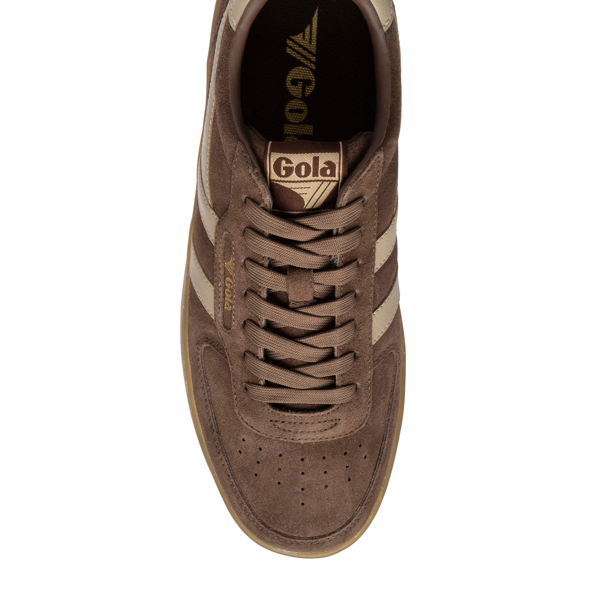 Brown Gola trainer with beige stripes and laces