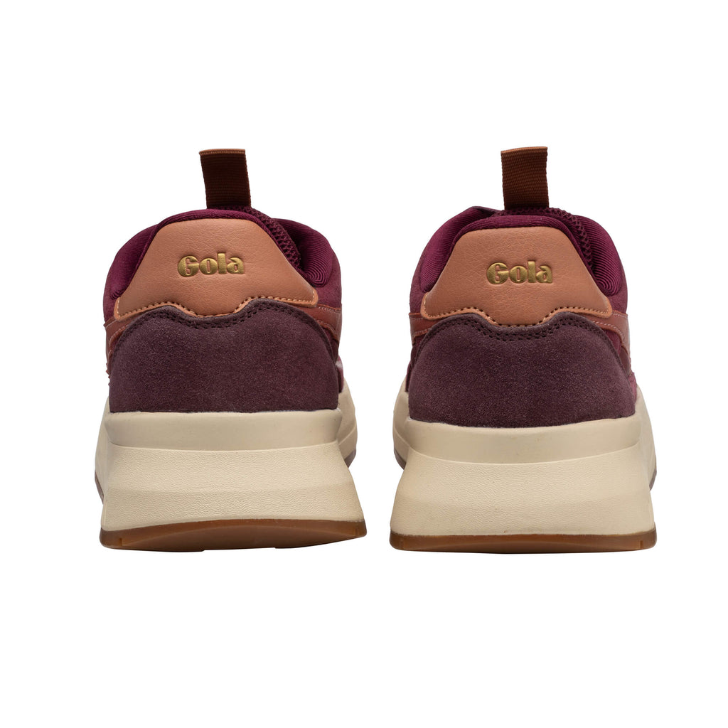 Pair of Gola trainers, rear view, in burgundy, tan, and cream with a gum sole