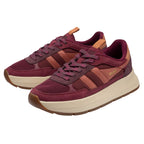 Pair of Gola women's trainers in burgundy with peach stripes and cream soles