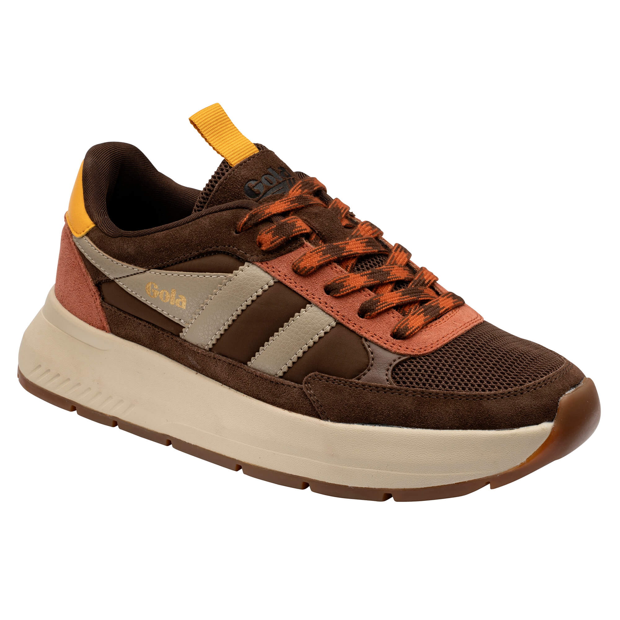 Gola women's trainer in brown, orange, and cream with a thick sole