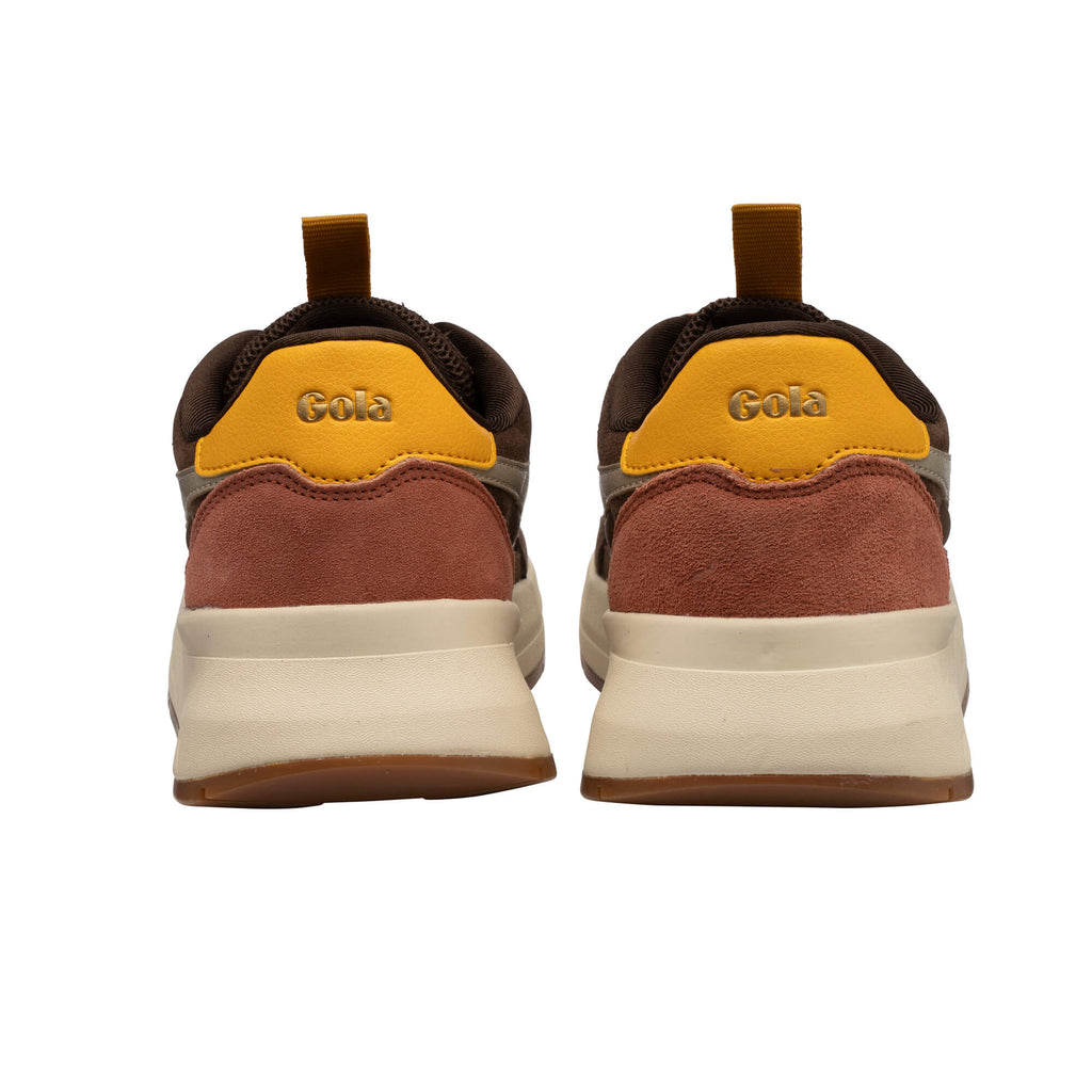 Rear view of two Gola trainers in brown, mustard, and rust with cream soles