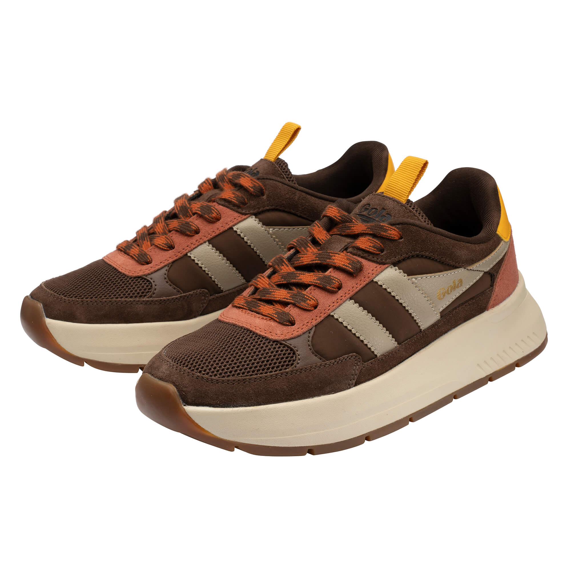Pair of brown and orange Gola trainers with cream soles