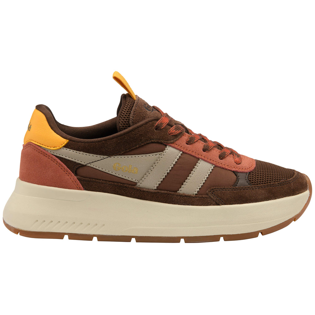 Gola Classics women's trainer in brown, orange, and cream with a thick sole