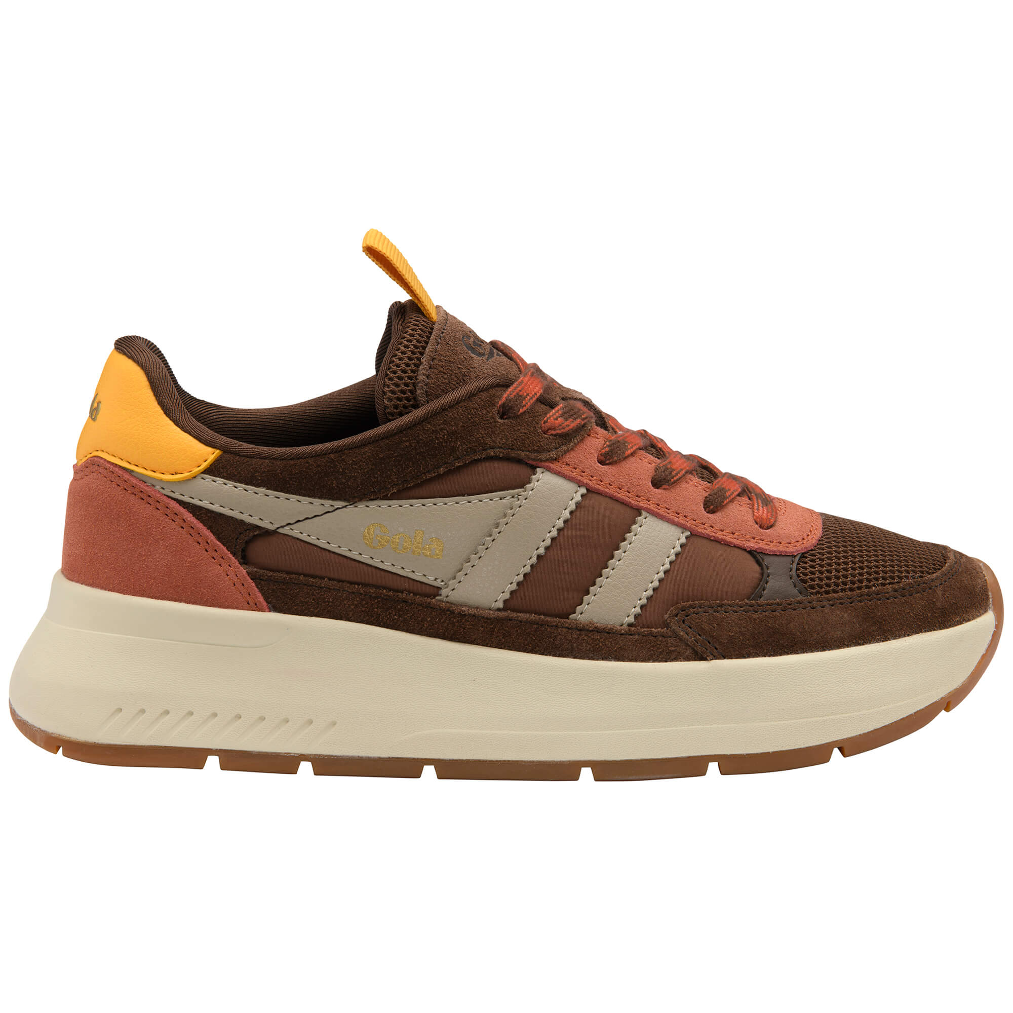 Gola Classics women's trainer in brown, orange, and cream with a thick sole