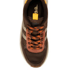 Top-down view of a brown Gola trainer with orange laces and a yellow pull tab