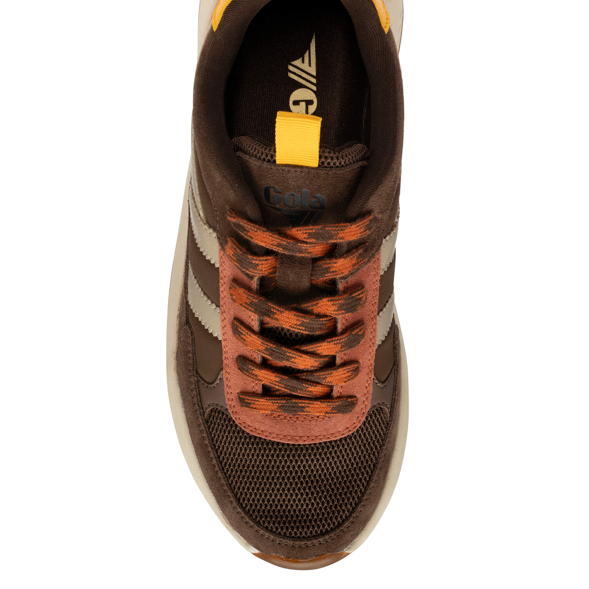 Top-down view of a brown Gola trainer with orange laces and a yellow pull tab