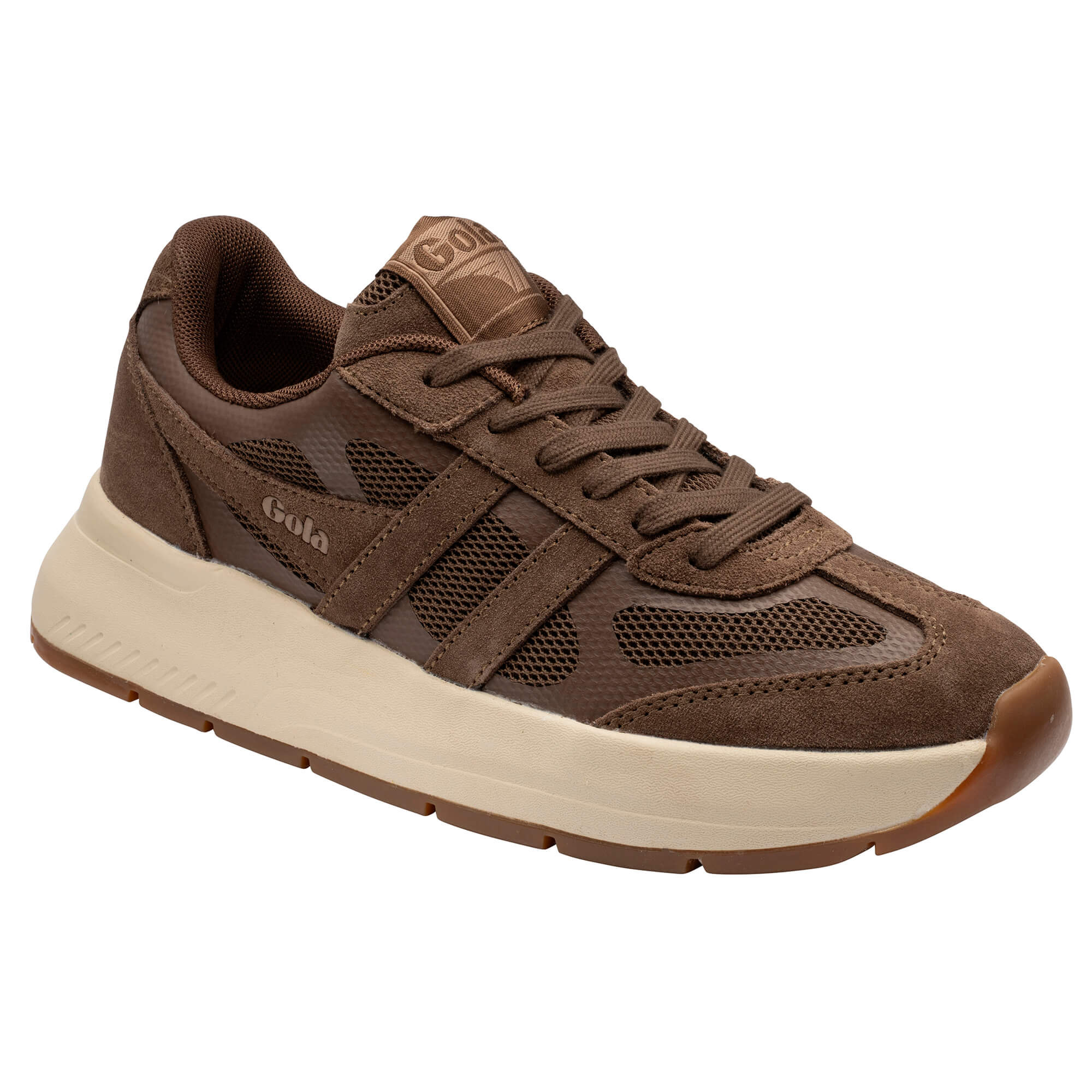 Brown Gola trainer with a cream sole
