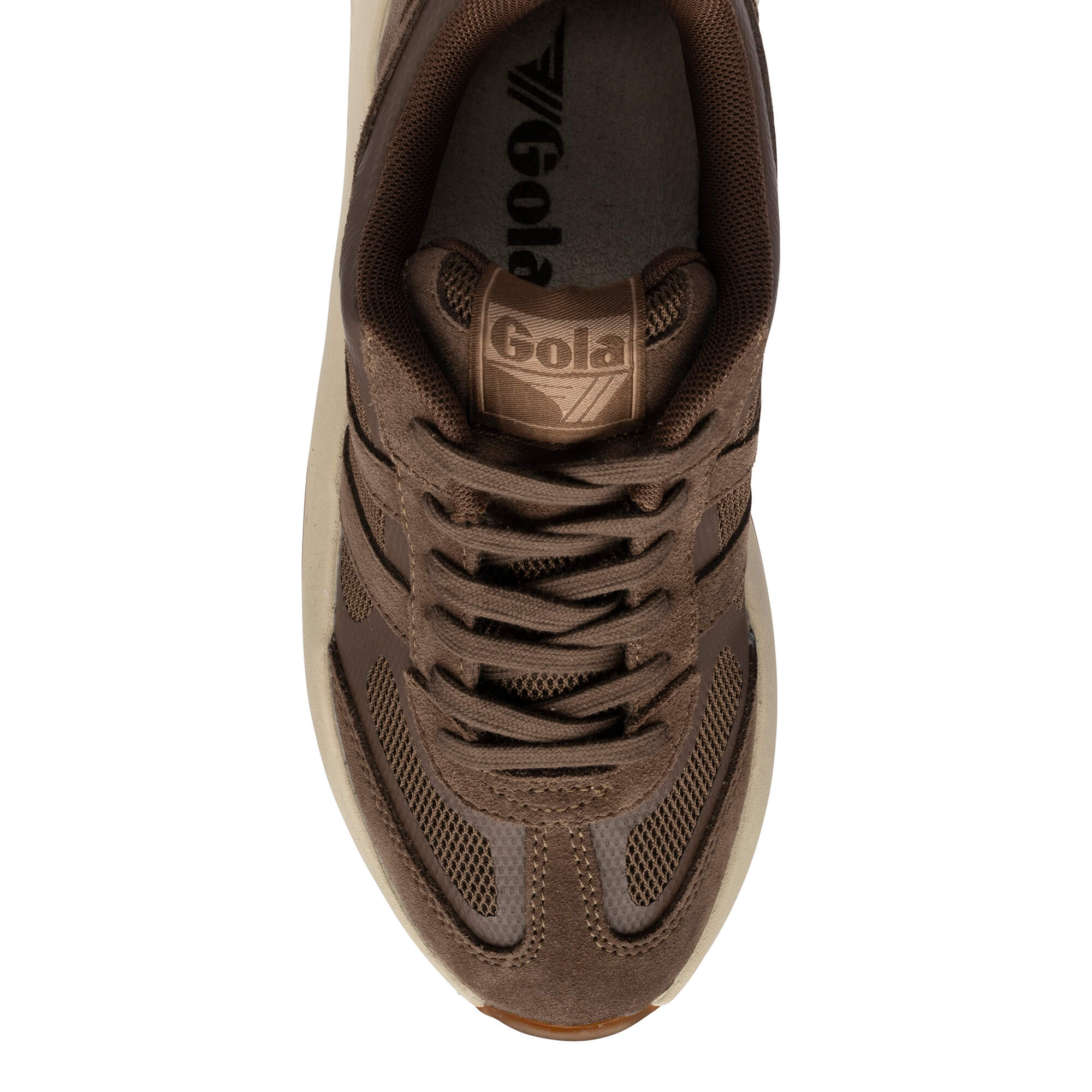 Top-down view of a brown Gola trainer with cream sole and laces