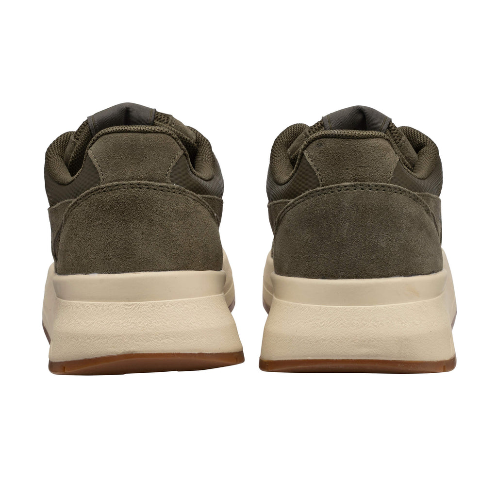Rear view of two khaki green trainers with cream soles and brown undersides