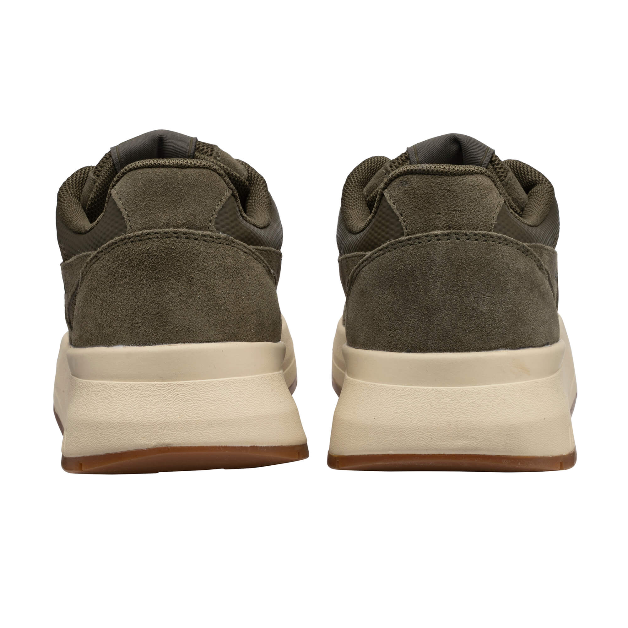 Rear view of two khaki green trainers with cream soles and brown undersides