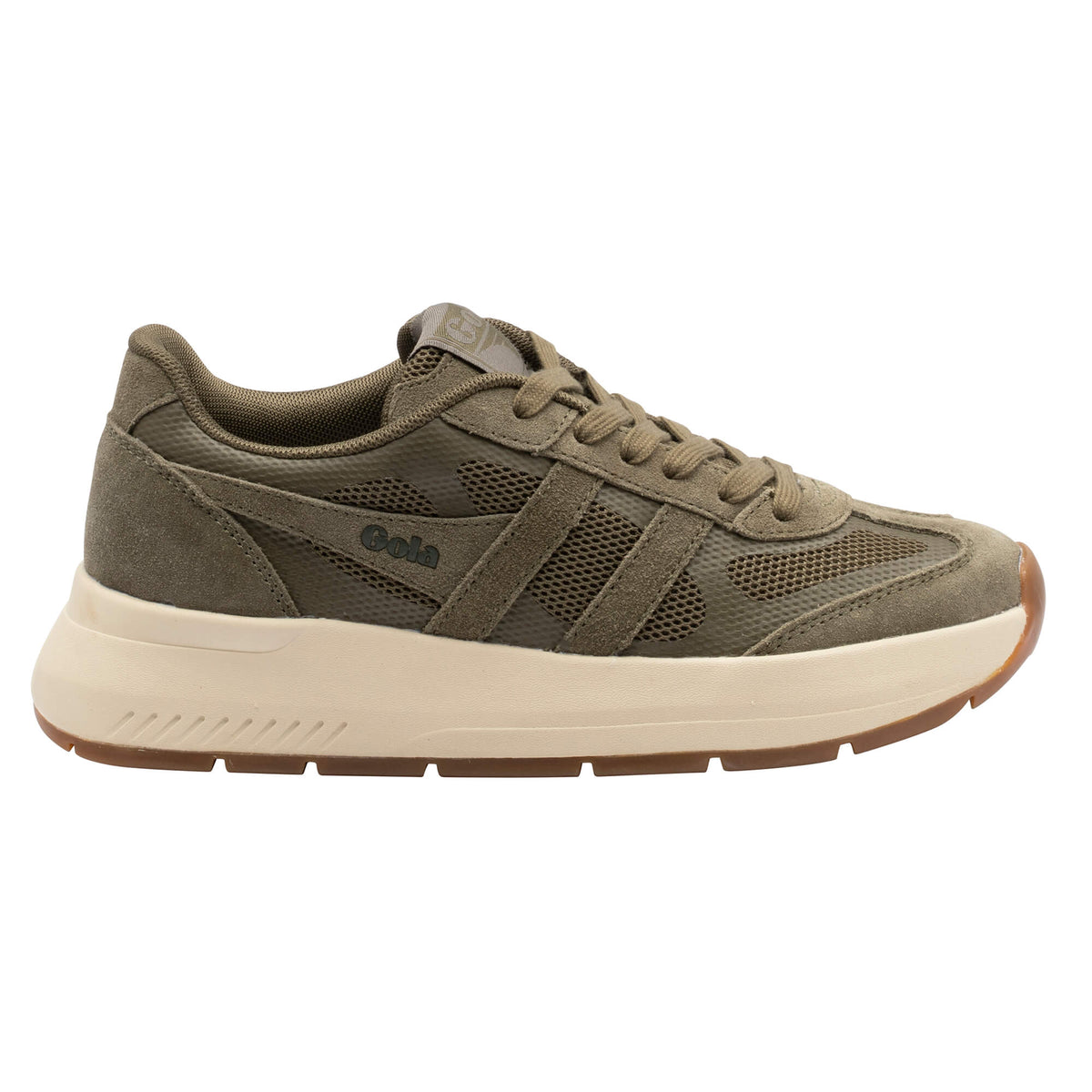 Gola men's trainer in khaki with a cream sole and brown tread