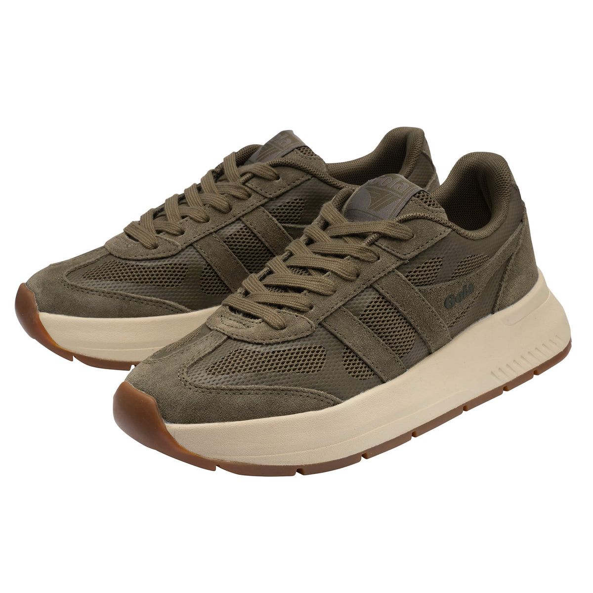 Pair of Gola Classics trainers in olive green with a cream sole and brown tread