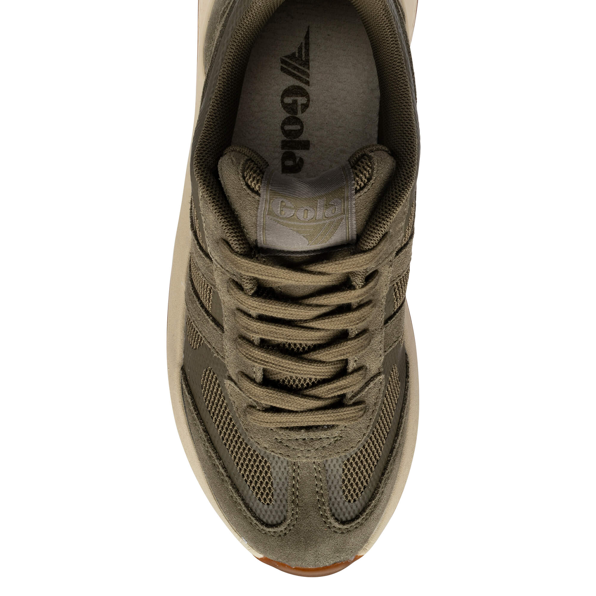 Top-down view of a Gola trainer in khaki with a beige sole
