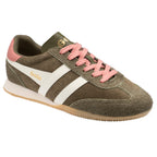 Gola women's trainer in khaki suede with white stripe and pink laces