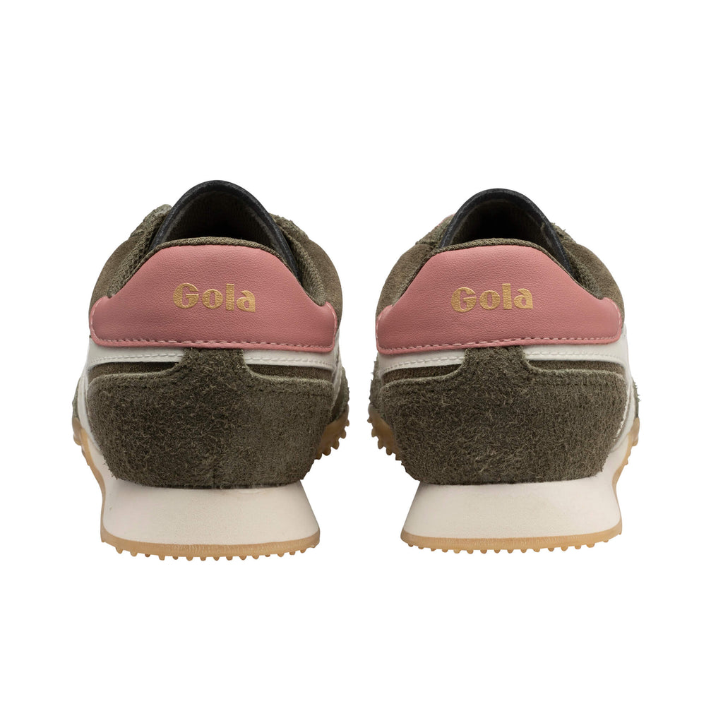 Pair of Gola trainers, rear view, in olive green suede with pink heel tab and white stripe