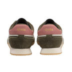 Pair of Gola trainers, rear view, in olive green suede with pink heel tab and white stripe