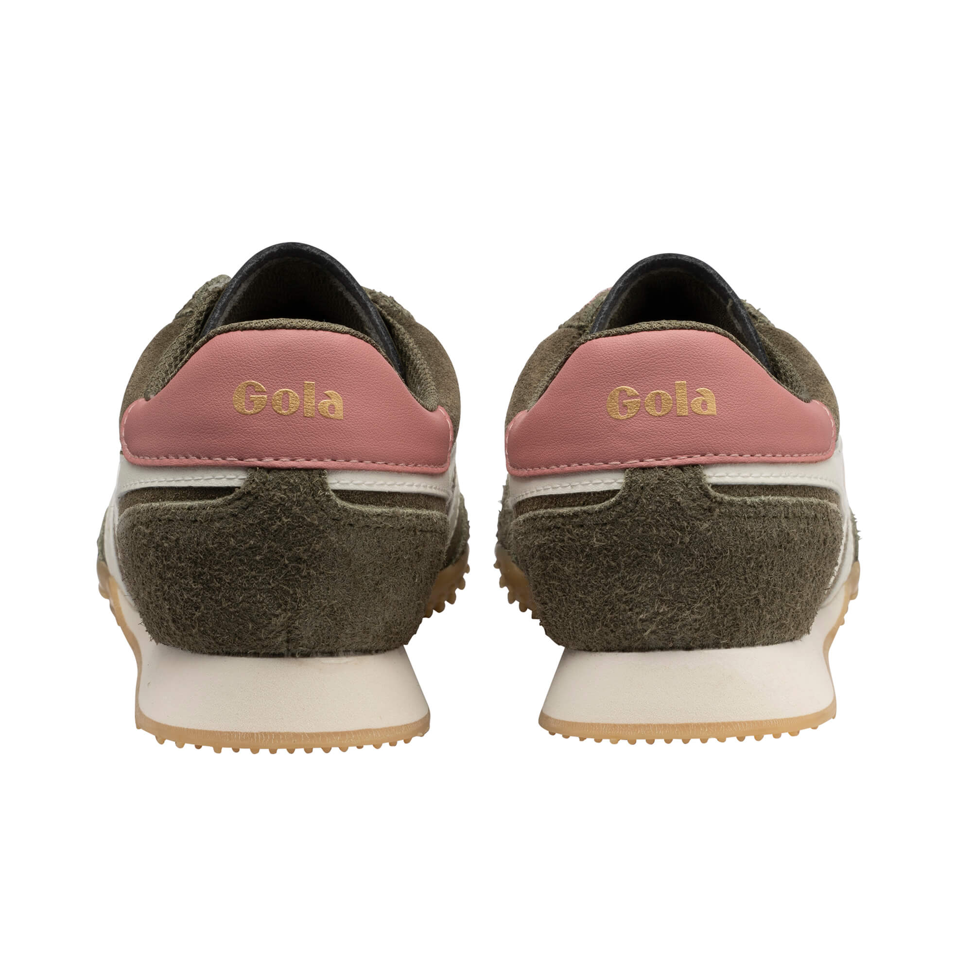 Pair of Gola trainers, rear view, in olive green suede with pink heel tab and white stripe