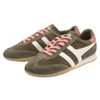 Pair of Gola Harrier trainers in khaki suede with white stripes, pink laces, and pink heel trim