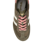 Top-down view of a Gola trainer in khaki suede with pink laces and white stripes