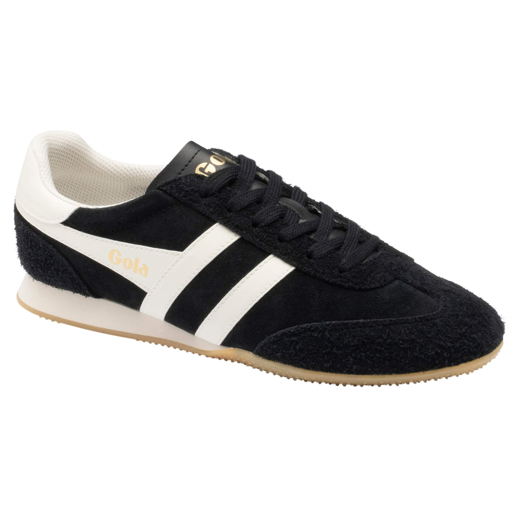 Black Gola Harrier trainers with white stripes and a gum sole