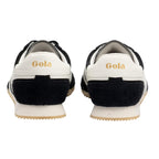 Rear view of black and white Gola trainers with gold Gola branding on the heel