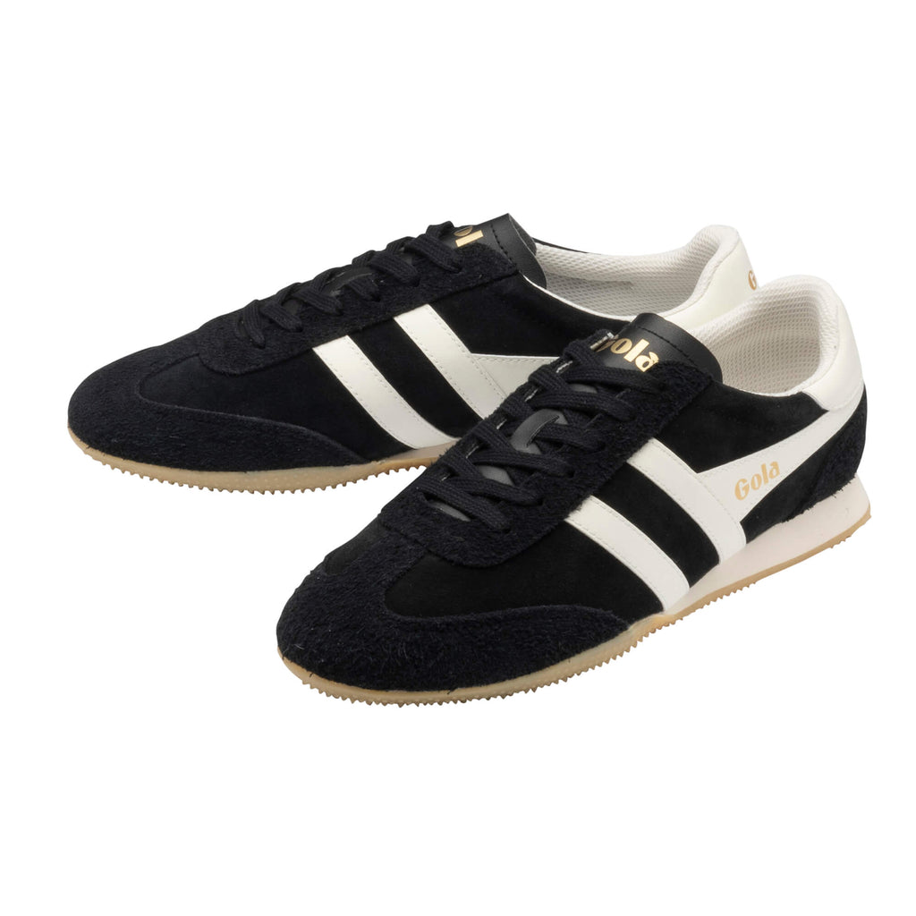 Pair of Gola Harrier trainers in black suede with white stripes and gum sole