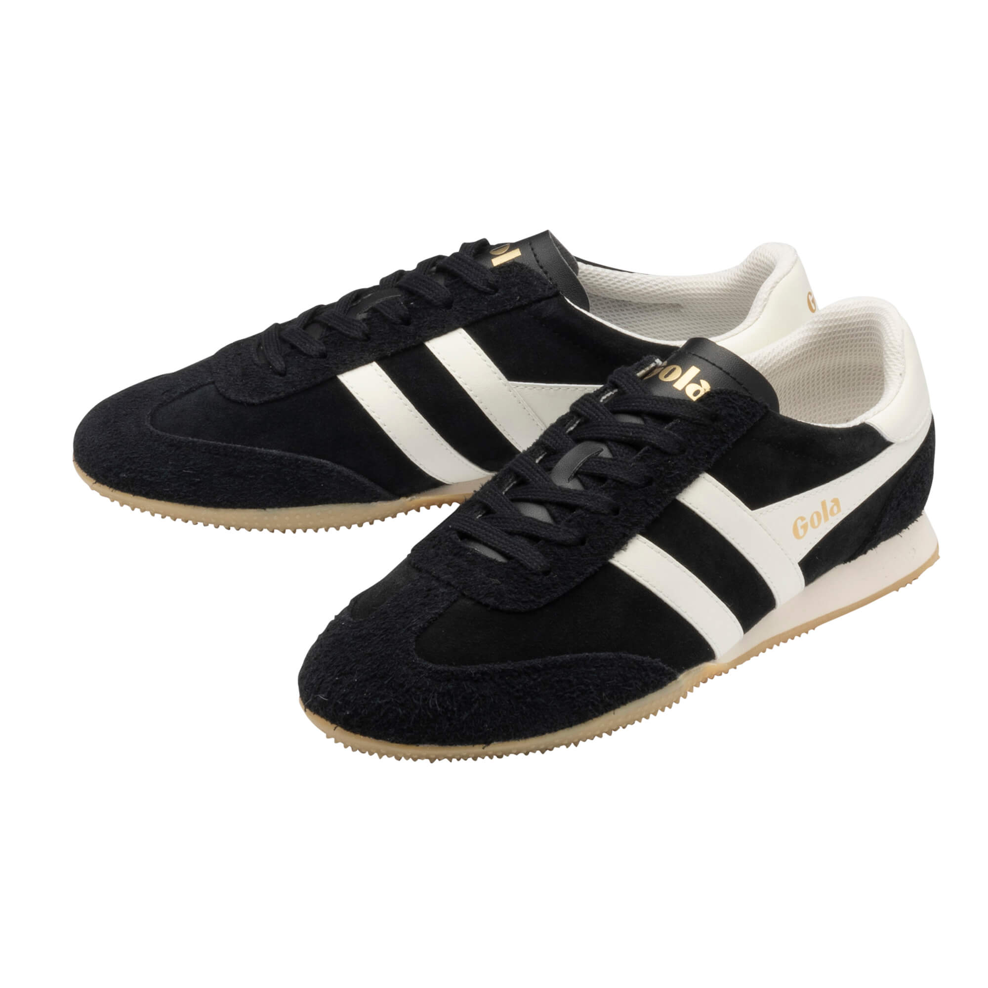 Pair of Gola Harrier trainers in black suede with white stripes and gum sole