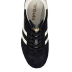 Black Gola trainer with white stripes and gold branding